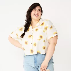 Juniors' Plus Size SO® Cropped Button Down Shirt 16 Juniors' Plus Size SO® Cropped Button Down Shirt -Cuddl Duds SHOP 5552605 White Sunflower