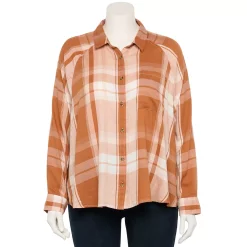 Juniors' Plus Size SO® Long Sleeve Button Down Shirt -Cuddl Duds SHOP 5566167 Cinnamon Rose Plaid