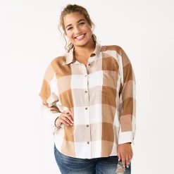 Juniors' Plus Size SO® Long Sleeve Button Down Shirt -Cuddl Duds SHOP 5566167 Cream Brown Gingham