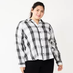 Juniors' Plus Size SO® Long Sleeve Button Down Shirt -Cuddl Duds SHOP 5566167 Grey Black Plaid