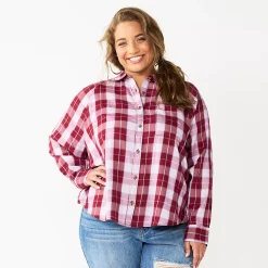 Juniors' Plus Size SO® Long Sleeve Button Down Shirt -Cuddl Duds SHOP 5566167 Lilac Plaid