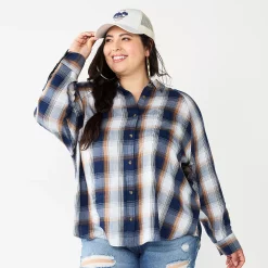 Juniors' Plus Size SO® Long Sleeve Button Down Shirt -Cuddl Duds SHOP 5566167 Navy Brown Plaid
