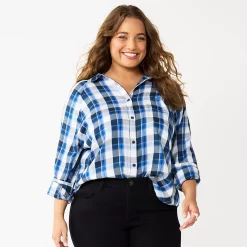 Juniors' Plus Size SO® Long Sleeve Button Down Shirt -Cuddl Duds SHOP 5566167 Navy Plaid