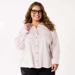 Juniors' Plus Size SO® Long Sleeve Button Down Shirt -Cuddl Duds SHOP 5566167 Pink And Blue Stripe