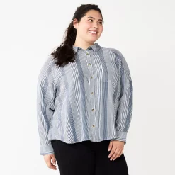 Juniors' Plus Size SO® Long Sleeve Button Down Shirt -Cuddl Duds SHOP 5566167 White Navy Stripe