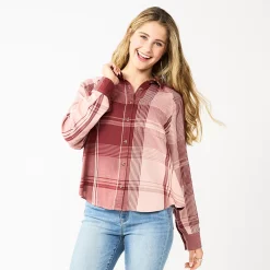 Juniors' SO® Long Sleeve Button Down Shirt -Cuddl Duds SHOP 5567334 Cinnamon Rose Plaid