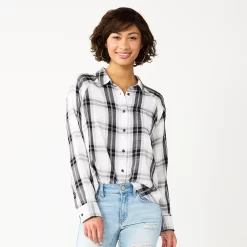Juniors' SO® Long Sleeve Button Down Shirt -Cuddl Duds SHOP 5567334 Grey Black Plaid