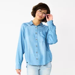 Juniors' SO® Long Sleeve Button Down Shirt -Cuddl Duds SHOP 5567334 Light Wash Chambray