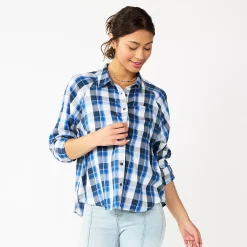 Juniors' SO® Long Sleeve Button Down Shirt -Cuddl Duds SHOP 5567334 Navy Plaid