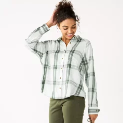 Juniors' SO® Long Sleeve Button Down Shirt -Cuddl Duds SHOP 5567334 White Olive Plaid