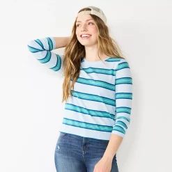 Juniors' SO® Essential Crewneck Long Sleeve Top -Cuddl Duds SHOP 5568567 Blue Stripe