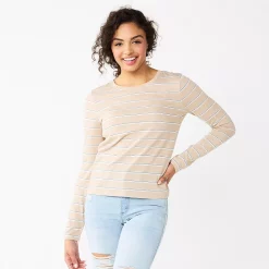 Juniors' SO® Essential Crewneck Long Sleeve Top -Cuddl Duds SHOP 5568567 Tan Stripe