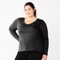 Juniors' Plus Size SO® Classic Long Sleeve V-Neck Top -Cuddl Duds SHOP 5568689 Black Luxe