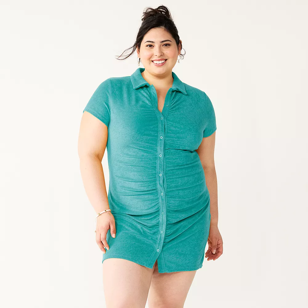 Juniors' Plus Size SO® Ruched Button-Down Bodycon Dress 5 Juniors' Plus Size SO® Ruched Button-Down Bodycon Dress - Image 5