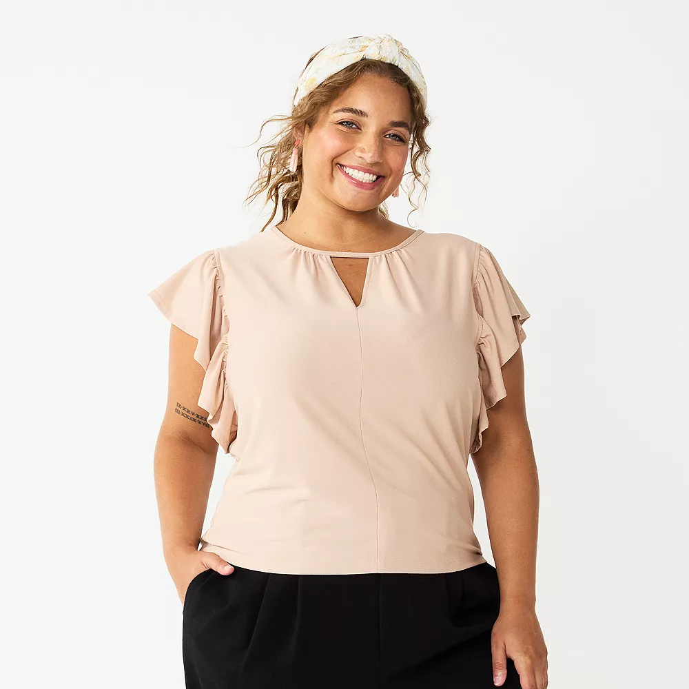 Juniors' Plus Size SO® Flutter Sleeve Keyhole Top 3 Juniors' Plus Size SO® Flutter Sleeve Keyhole Top - Image 3