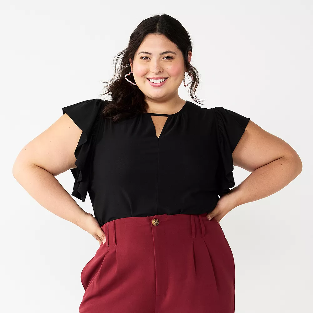 Juniors' Plus Size SO® Flutter Sleeve Keyhole Top 1 Juniors' Plus Size SO® Flutter Sleeve Keyhole Top
