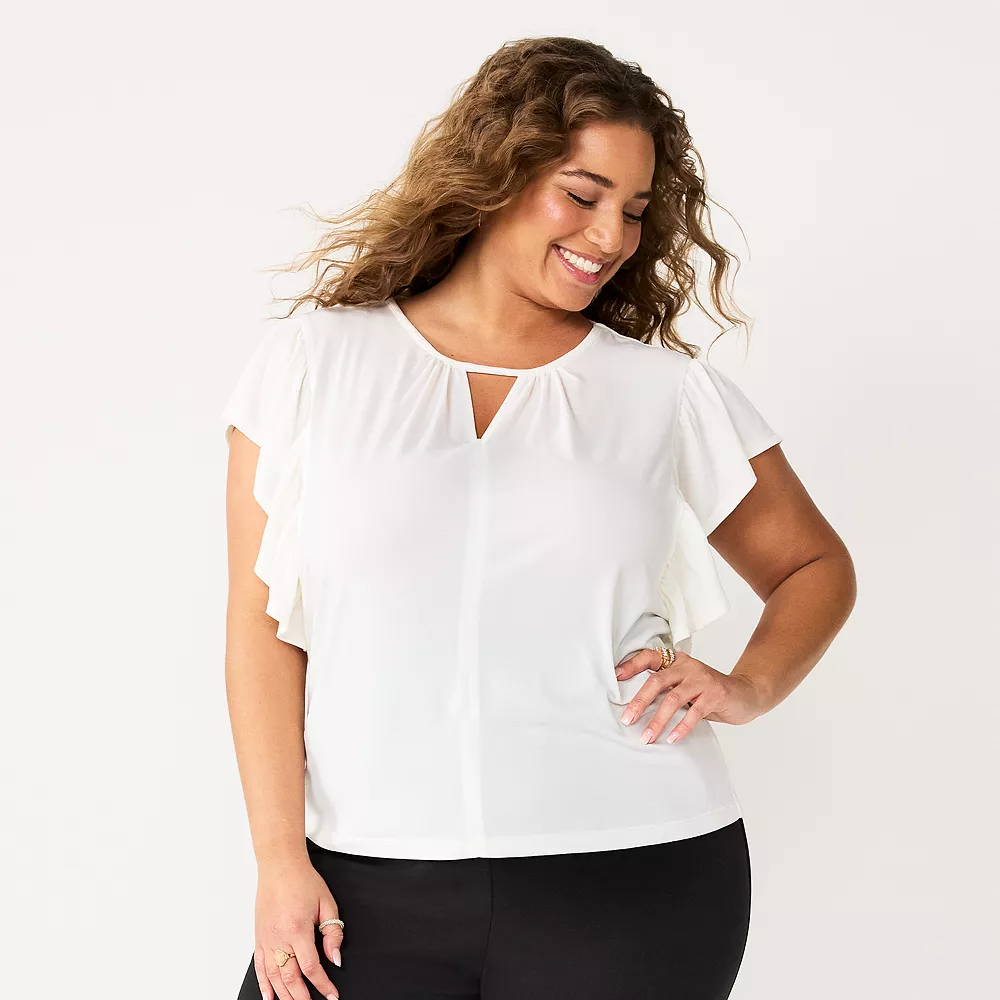 Juniors' Plus Size SO® Flutter Sleeve Keyhole Top 4 Juniors' Plus Size SO® Flutter Sleeve Keyhole Top - Image 4