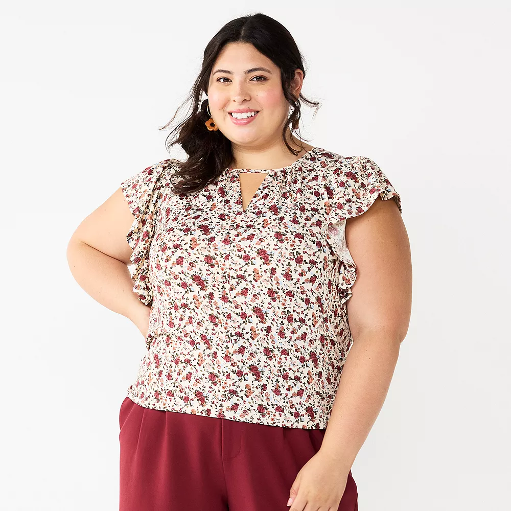 Juniors' Plus Size SO® Flutter Sleeve Keyhole Top 2 Juniors' Plus Size SO® Flutter Sleeve Keyhole Top - Image 2