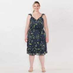 Plus Size LC Lauren Conrad Surplice Faux-Wrap Dress -Cuddl Duds SHOP 5584050 Navy Lemons