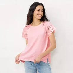 Women's LC Lauren Conrad Eyelet Flutter Sleeve Top -Cuddl Duds SHOP 5588287 Pink Umbrella