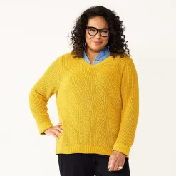 Plus Size Croft & Barrow® Placed Cable Pullover Sweater -Cuddl Duds SHOP 5588807 Gold