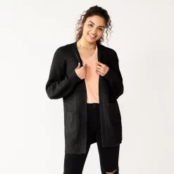 Juniors' SO® Waffle Cardigan -Cuddl Duds SHOP 5589105 Black