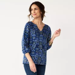 Women's Croft & Barrow® Tassel Peasant Top 10 Women's Croft & Barrow® Tassel Peasant Top -Cuddl Duds SHOP 5590159 Navy Olive Medallion
