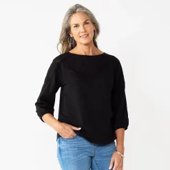 Petite Croft & Barrow® Three-Quarter Sleeve Eyelet Yoke Top 8 Petite Croft & Barrow® Three-Quarter Sleeve Eyelet Yoke Top -Cuddl Duds SHOP 5637754 Black