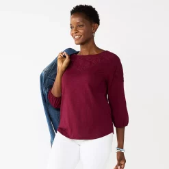 Petite Croft & Barrow® Three-Quarter Sleeve Eyelet Yoke Top 6 Petite Croft & Barrow® Three-Quarter Sleeve Eyelet Yoke Top -Cuddl Duds SHOP 5637754 Maroon