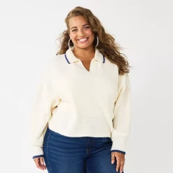 Juniors' Plus Size SO® Polo Pullover Sweater -Cuddl Duds SHOP 5653768 English Cream