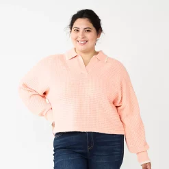 Juniors' Plus Size SO® Polo Pullover Sweater -Cuddl Duds SHOP 5653768 Pink Lychee