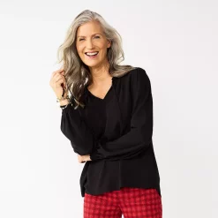 Women's Croft & Barrow® Tiered Textured Blouse -Cuddl Duds SHOP 5659396 Black