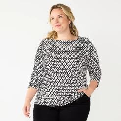 Plus Size Croft & Barrow® Boatneck Tee -Cuddl Duds SHOP 5663153 Cream Black Geo