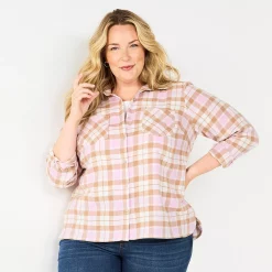 Plus Size Croft & Barrow® The Extra Soft Plaid Flannel Shirt -Cuddl Duds SHOP 5666375 Brown Purple Plaid