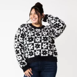 Juniors' Plus Size SO® Fuzzy Cropped Print Sweater -Cuddl Duds SHOP 5666507 Black Cream Check