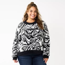 Juniors' Plus Size SO® Fuzzy Cropped Print Sweater -Cuddl Duds SHOP 5666507 Black Cream Marble