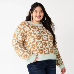 Alternative view of Juniors' Plus Size SO® Fuzzy Cropped Print Sweater