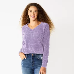 Juniors' SO® V-Neck Chenille Pullover Sweater -Cuddl Duds SHOP 5696161 Lavender
