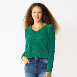 Juniors' SO® V-Neck Chenille Pullover Sweater -Cuddl Duds SHOP 5696161 Vintage Moss