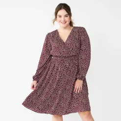 Plus Size DRAPER JAMES RSVP™ Long Sleeve Cinched Waist Dress -Cuddl Duds SHOP 5714854 Maroon Pink Ditsy