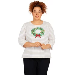 Petite Alfred Dunner Classics Wreath Stripe Top -Cuddl Duds SHOP 5723822 Tan