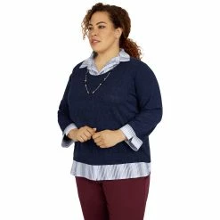 Alternative view of Plus Size Alfred Dunner Sloane Street Pointelle Solid Stripe Woven Trim Sweater