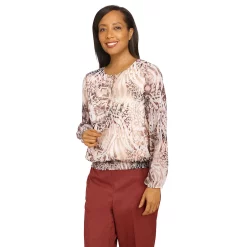 Women's Alfred Dunner Sorrento Abstract Animal Smocked Hem Blouse 7 Women's Alfred Dunner Sorrento Abstract Animal Smocked Hem Blouse -Cuddl Duds SHOP 5814582 ALT2