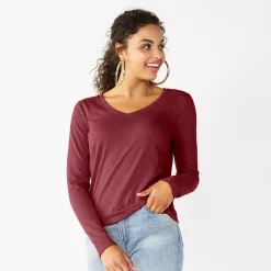 Juniors' SO® Essential V-Neck Long Sleeve Tee -Cuddl Duds SHOP 5830223 Berry Magnolia