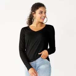 Juniors' SO® Essential V-Neck Long Sleeve Tee -Cuddl Duds SHOP 5830223 Black Luxe