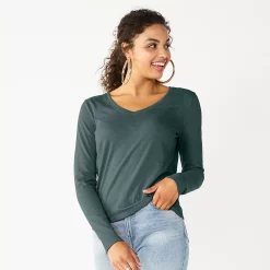 Juniors' SO® Essential V-Neck Long Sleeve Tee -Cuddl Duds SHOP 5830223 Cleveland Green