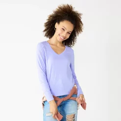 Juniors' SO® Essential V-Neck Long Sleeve Tee -Cuddl Duds SHOP 5830223 Josie Lavender