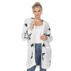 Women's White Mark Star Print Hooded Cardigan -Cuddl Duds SHOP 5907727 White Black Stars