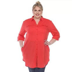 Plus Size White Mark Button Down Tunic Shirt